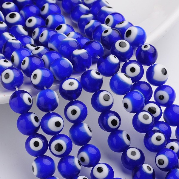 PandaHall Handmade Lampwork Beads, Evil Eye, Round, Blue, 10mm, Hole: 1.5mm, about 38pcs/strand Lampwork Evil Eye Blue
