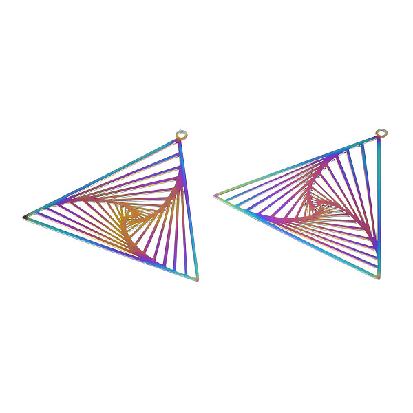 

PandaHall Ion Plating(IP) 201 Stainless Steel Filigree Pendants, Etched Metal Embellishments, Triangle, Rainbow Color, 33x38x0.2mm, Hole...