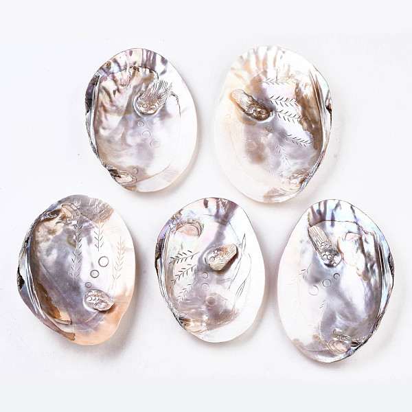 

PandaHall Natural Freshwater Shell Display Decorations, Carved Fish Pattern, Linen, 130~170x90~150x1~10mm Shell Shell Shape Brown