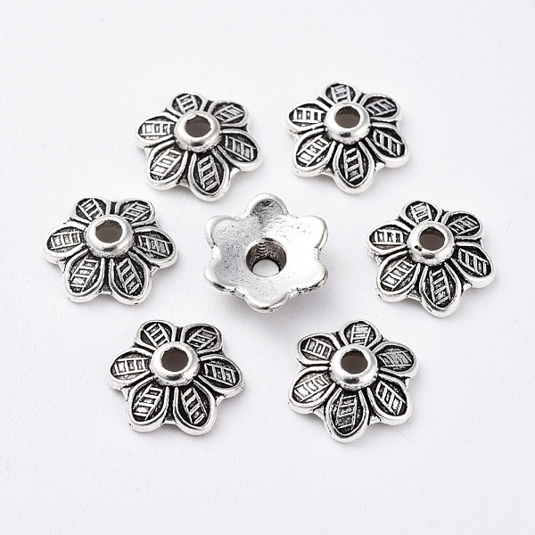 PandaHall Tibetan Style Bead Caps, Lead Free and Cadmium Free, Flower, Antique Silver, 10.5mm diameter, 3.5mm thick, hole: 2mm Alloy