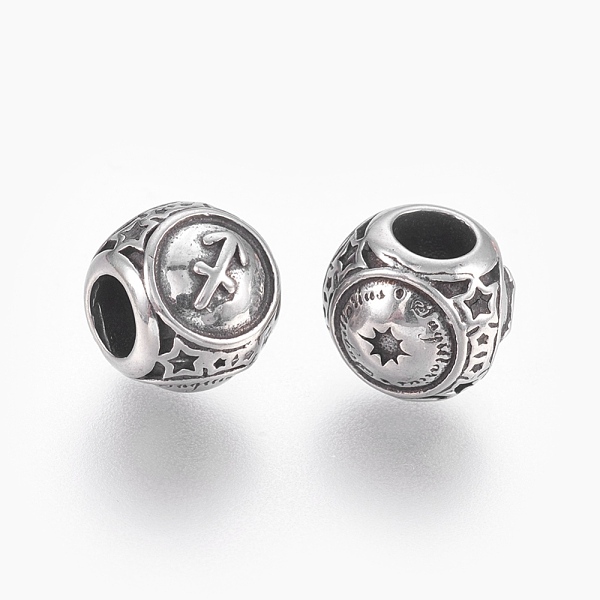 

PandaHall 316 Surgical Stainless Steel European Beads, Large Hole Beads, Rondelle, Sagittarius, Antique Silver, 10x9mm, Hole: 4mm 316...