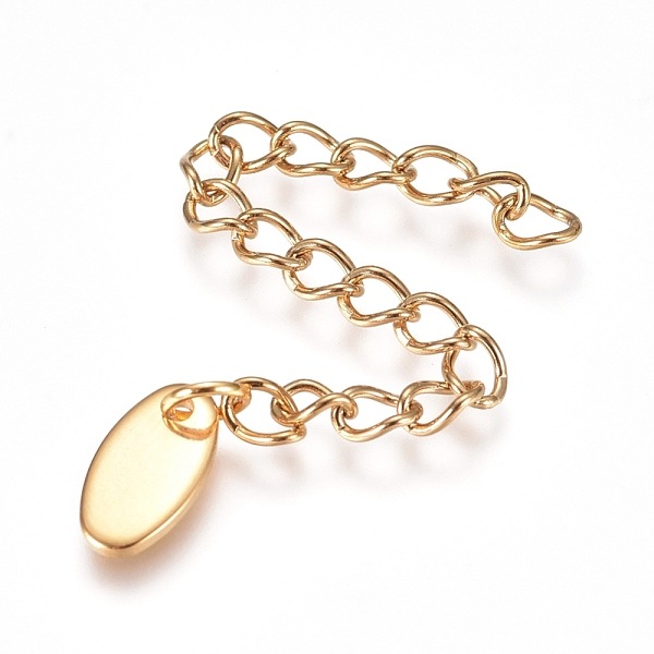 

PandaHall Vacuum Plating 304 Stainless Steel Chain Extender, Soldered Curb Chain, with Oval Charms, Golden, 58~68mm, Link: 4x3x0.5mm 304...