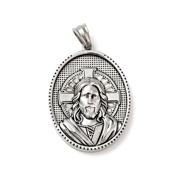 

PandaHall Tibetan Style 304 Stainless Steel Pendants, Religion, Oval with Man Pattern Charms, Antique Silver, 35.5x26x6mm, Hole: 5x7mm 304...
