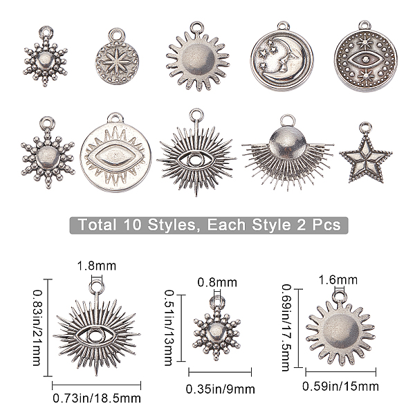 

PandaHall SUNNYCLUE 1 Box 20Pcs 10 Styles Moon Star Charms Galaxy Theme Silver Plated Evil Eye Space Stainless Steel Sun Flat Round Vintage...