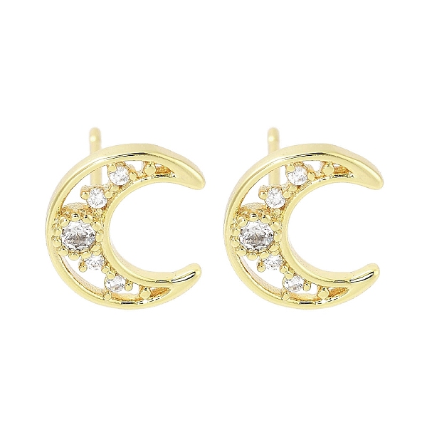 

PandaHall Brass Pave Clear Cubic Zirconia Stud Earring, Moon, Real 18K Gold Plated, 10x9mm Brass Moon Clear