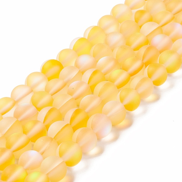 PandaHall Synthetic Moonstone Beads Strands, Frosted, Round, Gold, 8mm, Hole: 1mm, about 43~47pcs/strand, 14.37''~15.08''(36.5~38.3cm)...