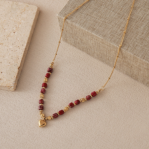 Colliers à pendentif cœur en acier inoxydable 304 avec chaîne satellite et perles de jaspe impérial naturel teintées.