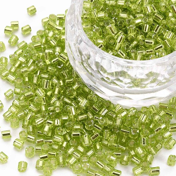 

PandaHall 8/0 Glass Bugle Beads, Silver Lined, Yellow Green, 2.5~3x2.5mm, Hole: 1mm, about 15000pcs/pound Glass