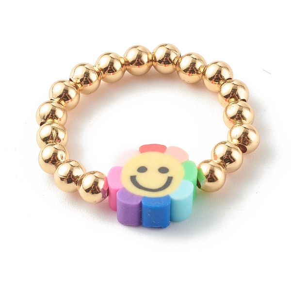 

PandaHall Brass Beaded Stretch Rings, with Handmade Polymer Clay Beads and Elastic Crystal Thread, Flower with Smile, Real 18K Gold Plated...