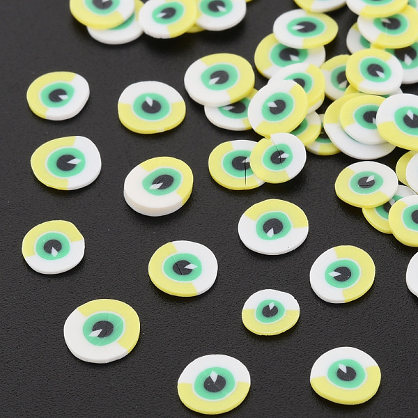 

PandaHall Handmade Polymer Clay Cabochons, Flat Round with Evil Eye, Yellow, 5~6x0.5~1mm, about 2500pcs/50g Polymer Clay Evil Eye Yellow