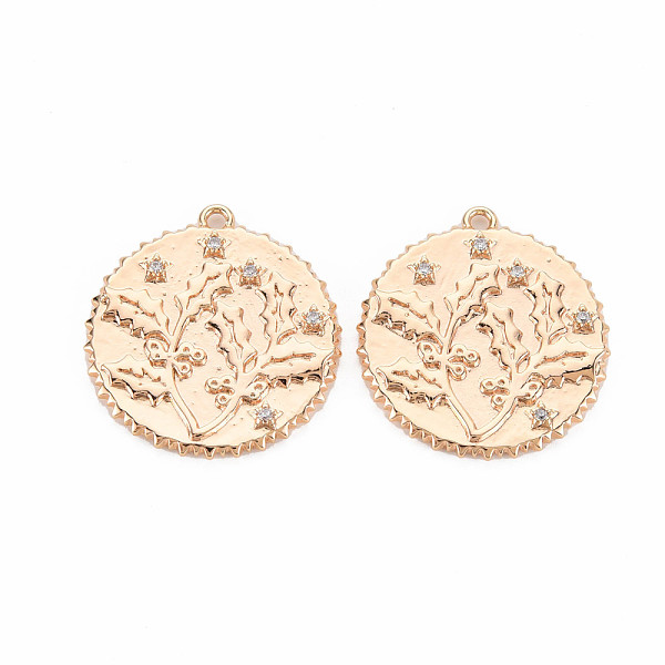 

PandaHall Brass Micro Pave Clear Cubic Zirconia Pendants, Nickel Free, Flat Round with Holly Leaf, Real 18K Gold Plated, 23x21x2mm, Hole...