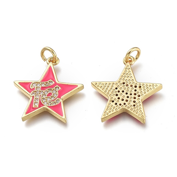 

PandaHall Brass Micro Pave Clear Cubic Zirconia Pendants, with Enamel and Jump Rings, Star with Word, Real 18K Gold Plated, Cerise..., Red