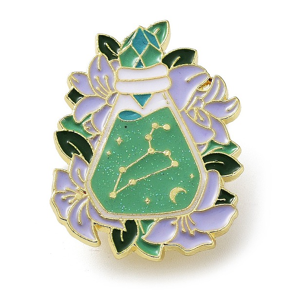 PandaHall Flower Holy Vase Leo Enamel Pins, Golden Zinc Alloy Brooch for Backpack Clothes, Constellation Theme Badge for Women, Light Green...