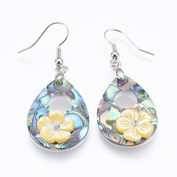 

PandaHall Abalone Shell/Paua Shell Dangle Earrings, with Brass Findings & Yellow Shell, Teardrop with Flower, 50~50.5mm, Pin: 0.7mm Shell