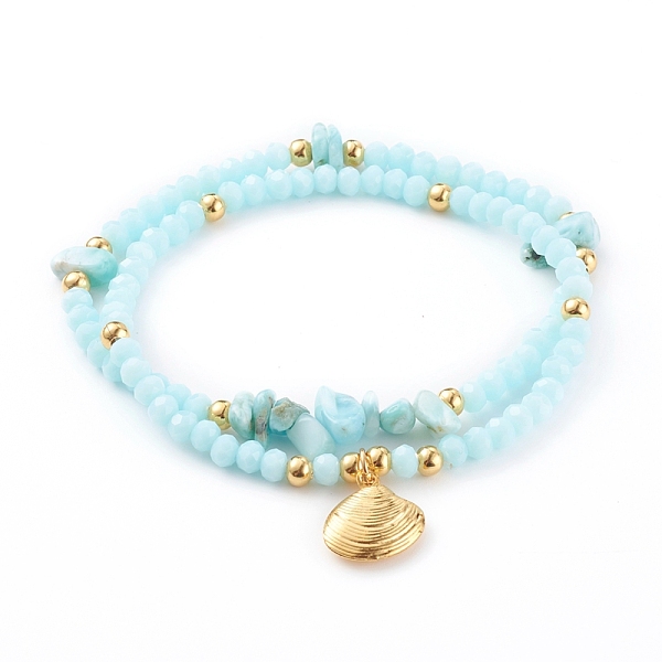 

PandaHall Stretch Bracelets Sets, with Glass Beads, Natural Larimar Chip Beads and 304 Stainless Steel Pendants, Shell, Golden, Light Cyan...