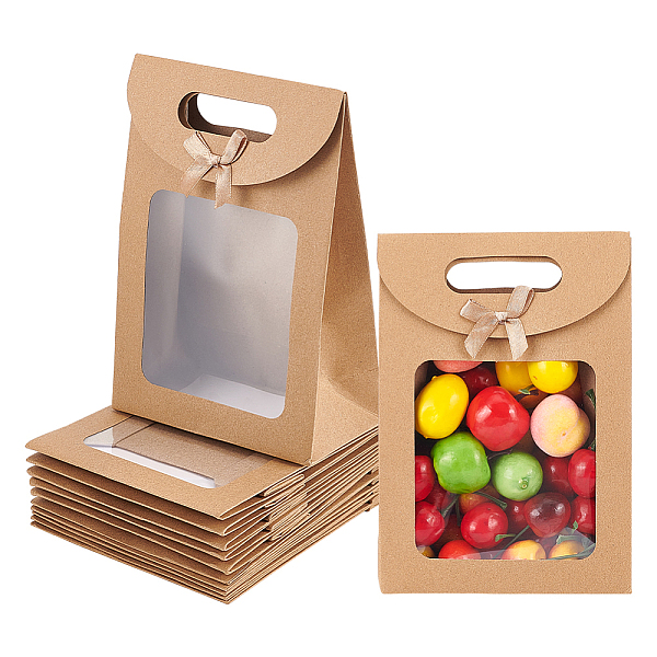 PandaHall Rectangle Kraft Paper Gift Bags, Die Cut Grip Hole Bag with Bowknot and Clear Window, Tan, Finish Product: 19.9x7.2x19.6cm Paper...