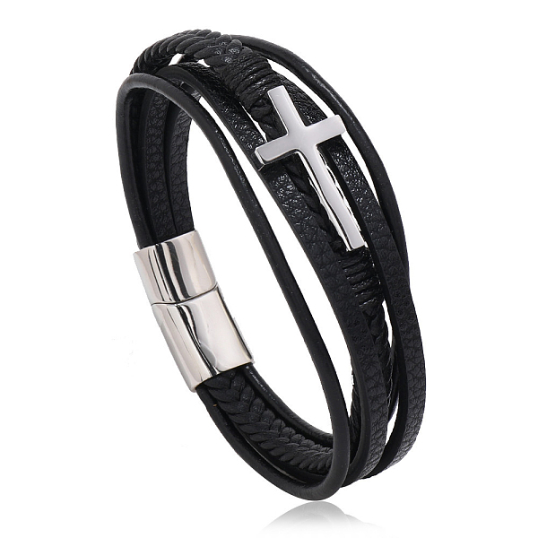 

PandaHall Leather Cord Multi-starand Bracelet, Cross Link Bracelet with Stainless Steel Magnetic Clasp for Men Women, Stainless Steel Color...