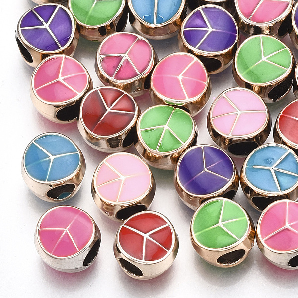 

PandaHall UV Plating Acrylic European Beads, with Enamel, Large Hole Beads, Flat Round with Peace Sign, Mixed Color, Light Gold, 10x6.5mm..., Multicolor