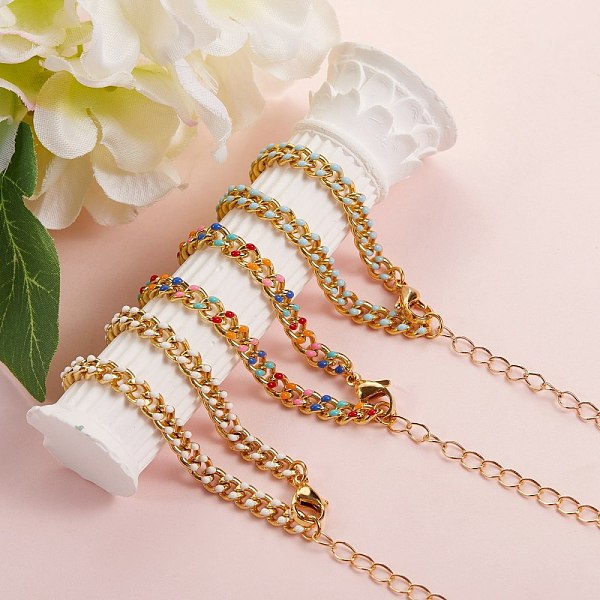 

PandaHall 4Pcs 4 Colors Two Tone Handmade Brass Curb Chain Bracelet Makings, with Enamel and 304 Stainless Steel Lobster Claw Clasps, Mixed..., Multicolor