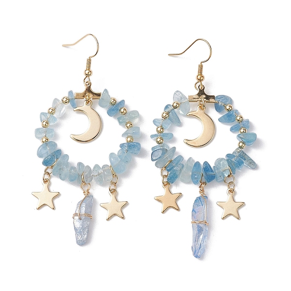 

PandaHall Natural Aquamarine Chip & Dyed Quartz Crystal Beaded Ring Dangle Earrings, Copper Wire Long Drop Earrings, 74~78x35~38mm...