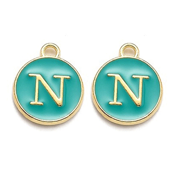 

PandaHall Golden Plated Alloy Enamel Charms, Enamelled Sequins, Flat Round with Alphabet, Letter.N, Green, 14x12x2mm, Hole: 1.5mm...