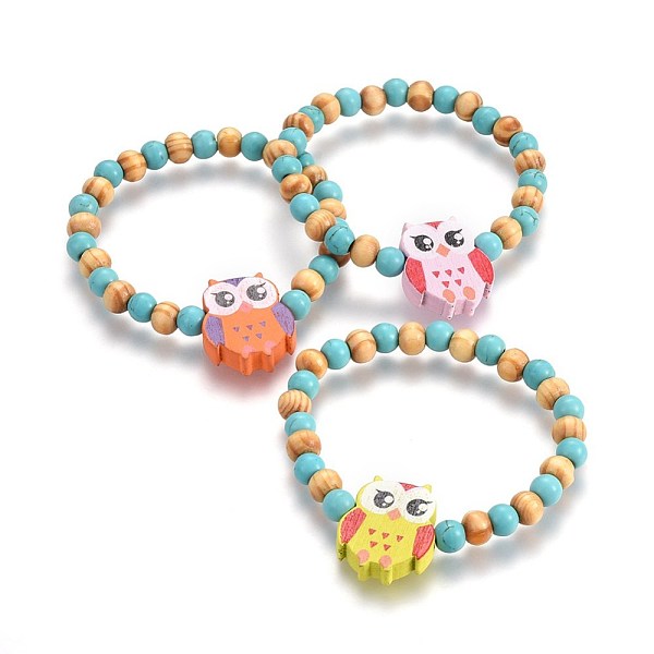 

PandaHall Wood Beads Kids Stretch Bracelets, with Synthetic Turquoise, Owl, Mixed Color, 1-5/8 inch(4.2cm) Wood Multicolor