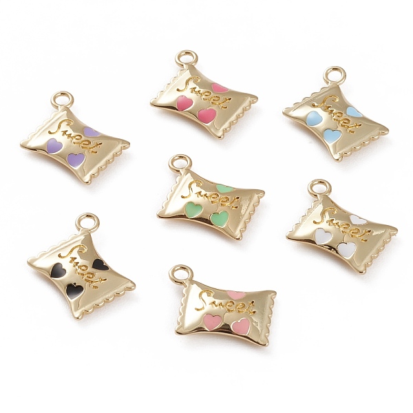 

PandaHall Golden Tone Brass Enamel Pendants, Candy with Word Sweet, Mixed Color, 16x13x3mm, Hole: 2mm Brass+Enamel Candy Multicolor
