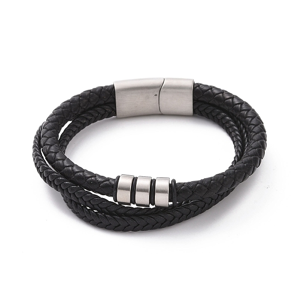 

PandaHall Black Microfiber Braided Cord Triple-strand Bracelet with 304 Stainless Steel Magnetic Clasps, Column Beaded Punk Wristband for...
