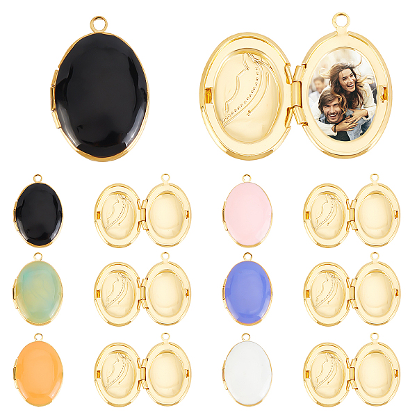 

PandaHall SUPERFINDINGS 12Pcs 6 Colors Brass Enamel Locket Pendants Golden Photo Frame Pendants Oval Photo Frame Charm 24x16x6mm for DIY..., Multicolor