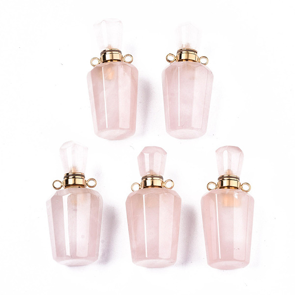 PandaHall Faceted Natural Rose Quartz Pendants, Openable Perfume Bottle, with Golden Tone Brass Findings, Bottle, 36x15.5x15mm, Hole: 1.8mm...