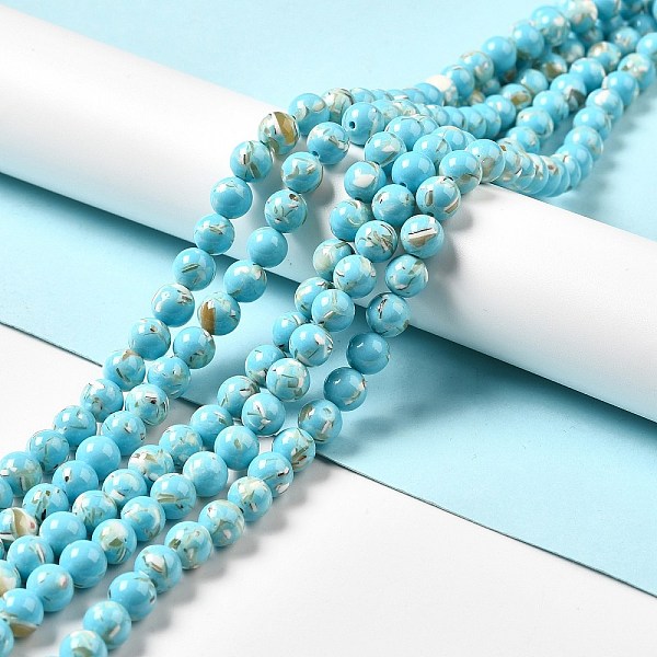 

PandaHall Synthetic Turquoise and Sea Shell Assembled Beads Strands, Dyed, Round, Sky Blue, 10mm, Hole: 1.2mm, about 40pcs/strand, 15.55''...