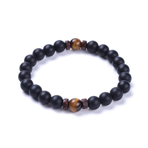 

PandaHall Natural Black Agate(Dyed) Bead Stretch Bracelets, with Natural Tiger Eye Beads and Wood Beads, Frosted, 2-1/8 inch(5.5cm) Tiger...