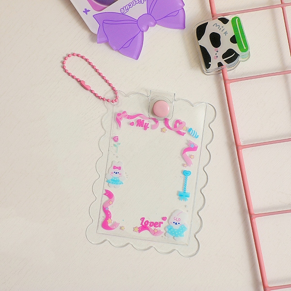 

PandaHall PVC Photocard Sleeve Keychain, with Ball Chains, Wave-Edged Rectangle with Hot Pink Ribbon Pattern, Clear, 110x80mm, Inner...