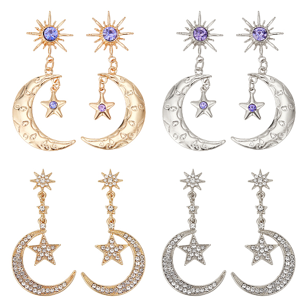 

PandaHall ANATTASOUL 4 Pairs 4 Style Rhinestone Moon & Star Dangle Stud Earrings, Alloy Long Drop Earrings, Platinum & Golden, 50~60x25~27mm..., Clear