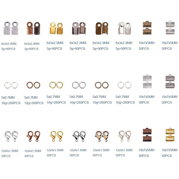 

PandaHall Jewelry Findings Sets, with Iron Cord Ends/Ribbon Ends/Jump Rings and Zinc Alloy Lobster Claw Clasps, Mixed Color, Cord Ende..., Multicolor