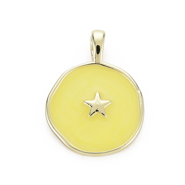 

PandaHall Brass Enamel Pendants, Cadmium Free & Nickel Free & Lead Free, Real 16K Gold Plated, Flat Round with Star, Yellow, 20.5x15.5x4.5mm...