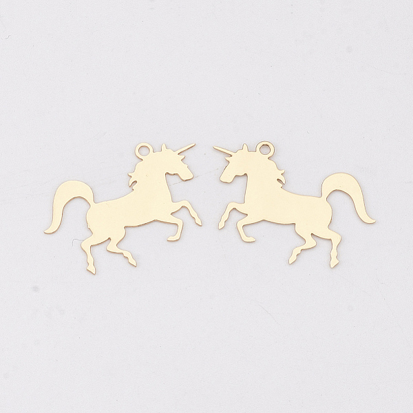 

PandaHall Brass Charms, Etched Metal Embellishments, Long-Lasting Plated, Unicorn, Light Gold, 14.5x23x0.3mm, Hole: 1.2mm Brass Unicorn