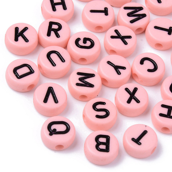 

PandaHall Opaque Acrylic Beads, Horizontal Hole, Flat Round with Black Random Letters, Pink, 10x4.5mm, Hole: 2mm, about 1600pcs/500g Acrylic...
