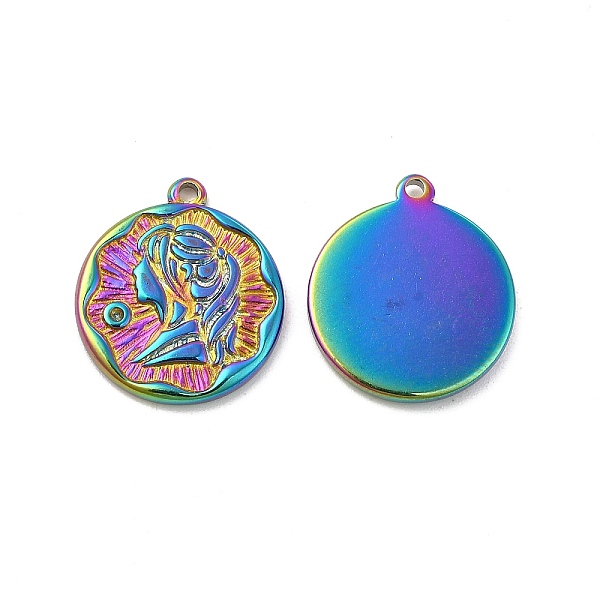 

PandaHall Ion Plating(IP) 304 Stainless Steel Pendants, Flat Round with Girl Charm, Rainbow Color, 18x16x2mm, Hole: 1.4mm 304 Stainless...