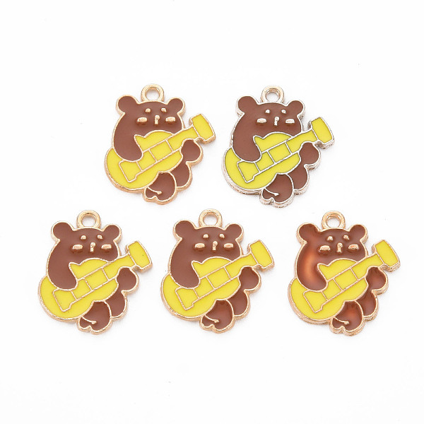 

PandaHall Alloy Enamel Pendants, Cadmium Free & Nickel Free & Lead Free, Light Gold, Bear to Play Guitar, Sienna, 19x17x1.5mm, Hole: 1.6mm..., Brown