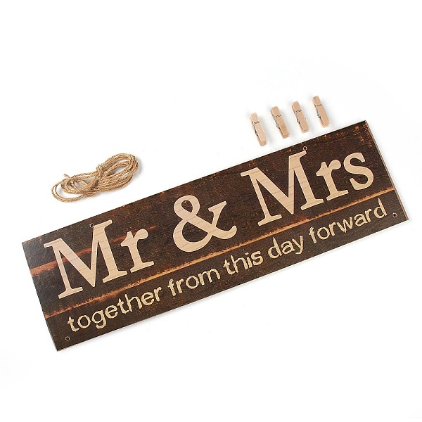 

PandaHall Natural Wood Hanging Wall Decorations for Front Door Home Decoration, with Clips and Jute Twine, Rectangle with Word Mr & Mrs...
