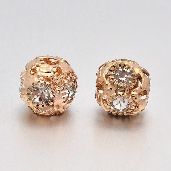 

PandaHall Brass Round Beads, with Crystal Glass Rhinestones, Rose Gold, 8mm, Hole: 3mm Brass+Rhinestone Round
