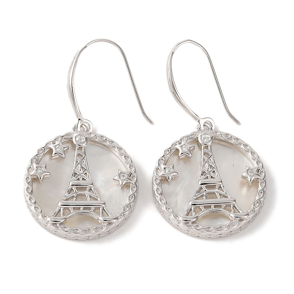 925 Sterling Silver Flat Round with Eiffel Tower Dangle Earrings