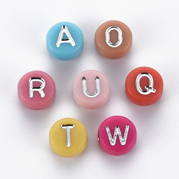 

PandaHall Opaque Mixed Color Acrylic Beads, Metal Enlaced, Flat Round with Random Letters, Silver Plated, 7x4mm, Hole: 1.8mm, about..., Multicolor