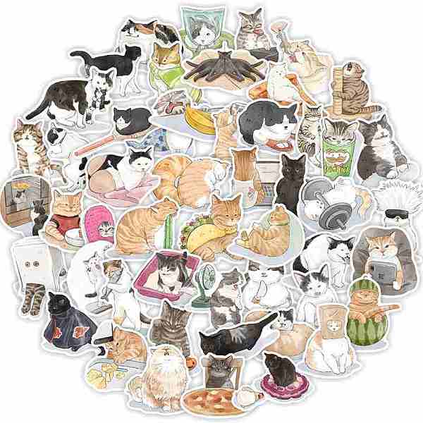 PandaHall Waterproof PVC Adhesive Stickers, for Suitcase, Skateboard, Refrigerator, Helmet, Mobile Phone Shell, Computer, Cat Pattern...