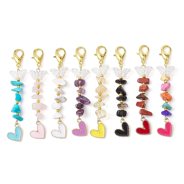 

PandaHall Natural & Synthetic Gemstone Chips Pendant Decoration, with Alloy Enamel Heart Charms and Glass Butterfly, Mixed Color, 75mm..., Multicolor