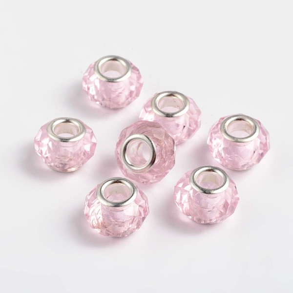

PandaHall Glass European Beads, Large Hole Beads, Pink, Brass Core in Silver Color, about 14mm wide, 9mm long, hole: 5mm Glass+Brass Core...