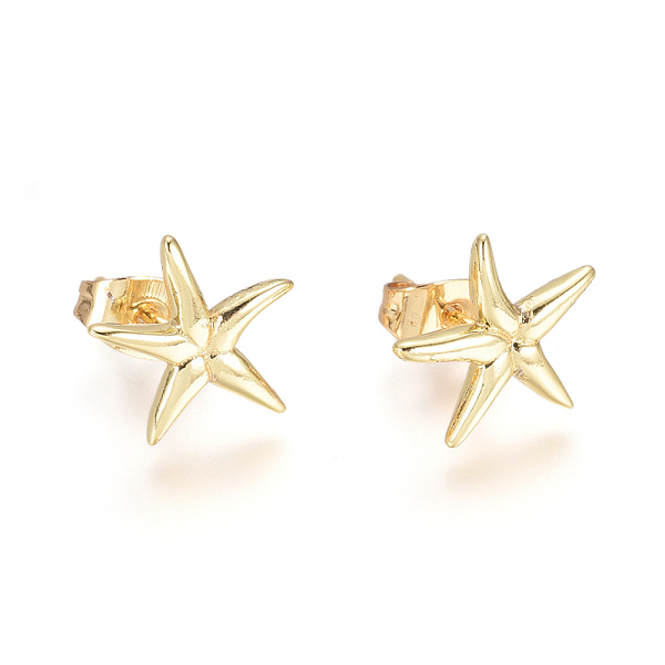 

PandaHall Brass Ear Studs, with Earring Backs, Starfish/Sea Stars, Golden, 11x11x2mm, Pin: 1mm Brass