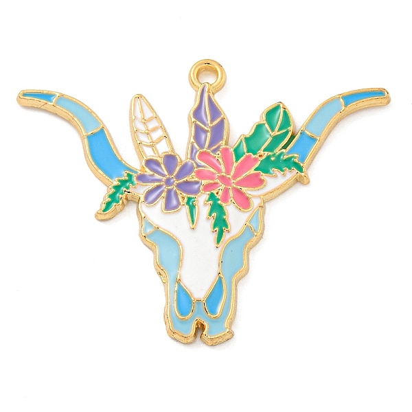 

PandaHall Alloy Enamel Pendants, Golden, Cattle Head with Flower Charm, Sky Blue, 34x42x3mm, Hole: 2mm, 10pcs/set Alloy+Enamel Cattle