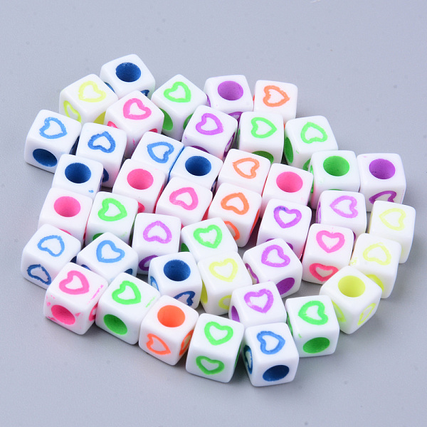 

PandaHall Opaque White Acrylic European Beads, Large Hole Beads, Cube with Heart, Mixed Color, 7x7x7mm, Hole: 4mm, about 1900~2000pcs/500g..., Multicolor